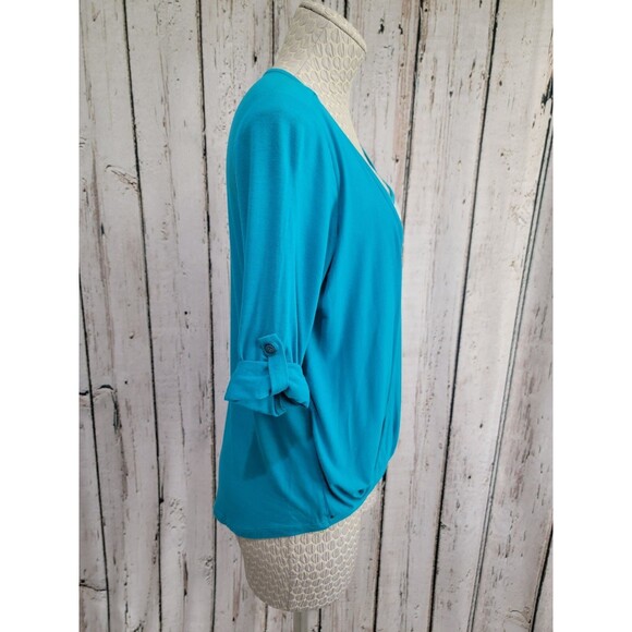 AGB Women's Small Teal Twist Front Lace Layered 3/4 Sleeve Blouse Shift Top EUC - Picture 4 of 10